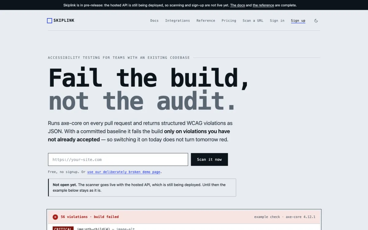 The skiplink.dev home page: the headline Fail the build, not the audit, a URL field and an example check that failed on 56 violations